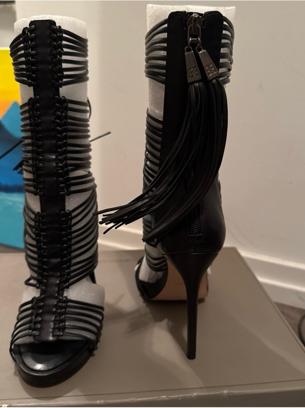BCBGMaxAzria Black Strappy Tassel Stiletto Sandals